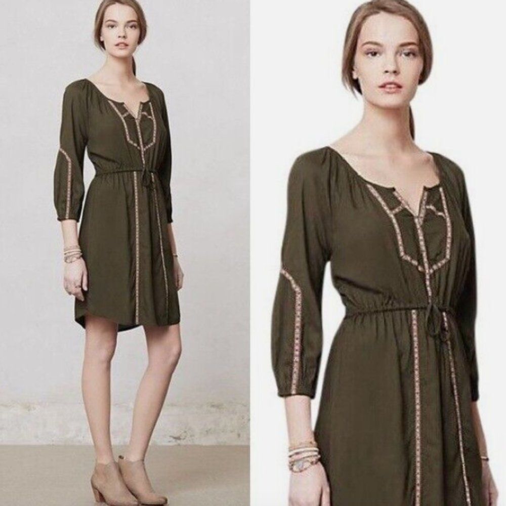 Anthropologie Edme & Esyllte‎ Olive Green 3/4 Sleeve Embroidered Trim Dress Sz L